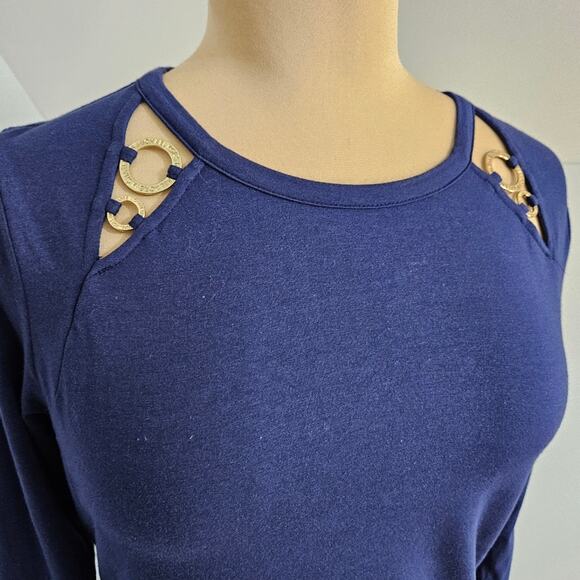 MICHAEL Michaek Kors Top Womens Small Gold Toned Shoulder Cutout Blue Cotton - Picture 7 of 13